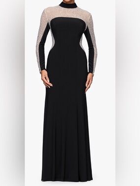 Xscape Black Maxi Gown with Silver Mesh Accents